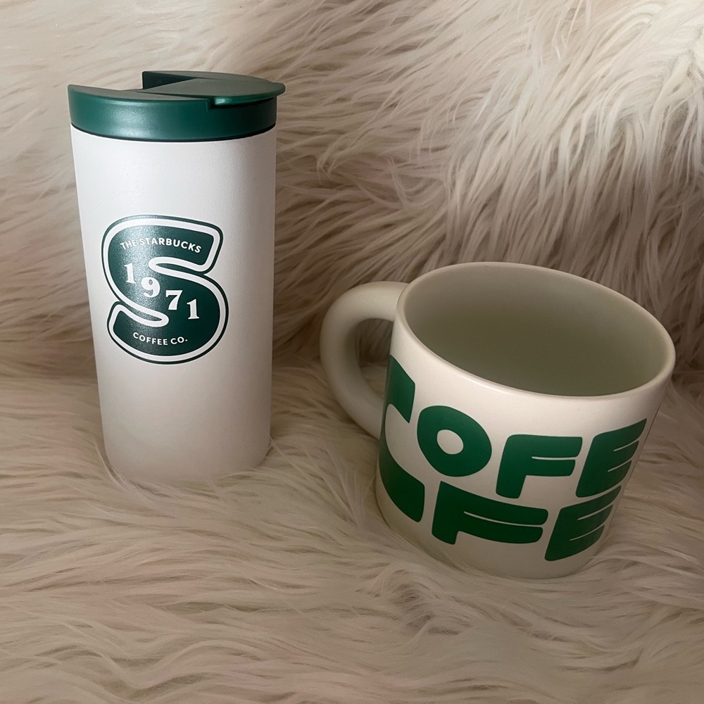 NWT!! Starbucks Heritage White & Forest Green Ceramic Mug and Travel Tumbler Set